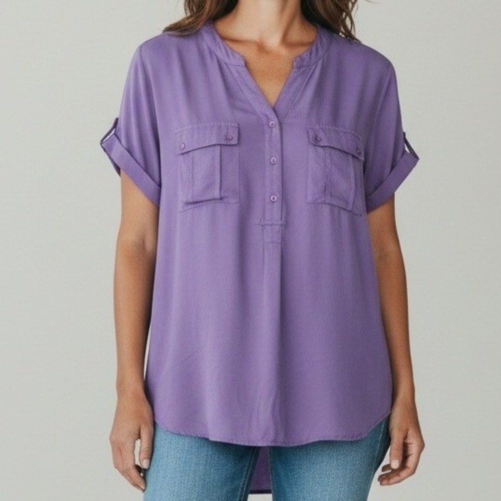 Passports‎ Split Neck Tunic Blouse Womens Small Purple Rayon Short Sleeve